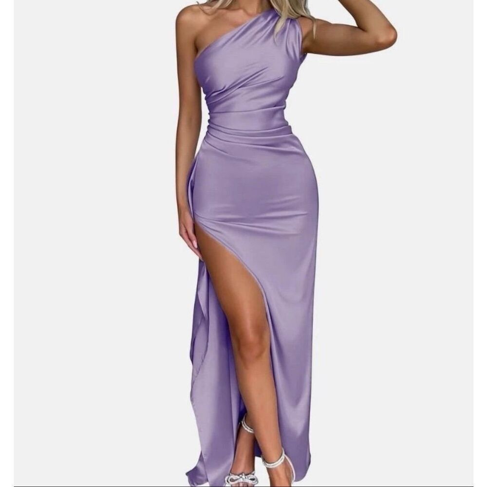OYS Viral Purple One Shoulder Sculpting Maxi Dress S High Slit Snatched Bodycon